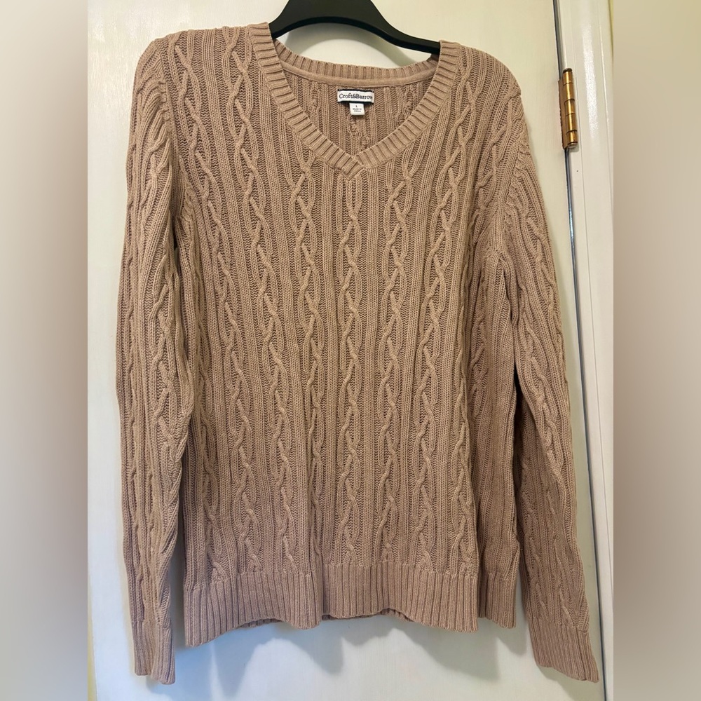 Croft and Barrow Tan Beige Cable Knit V Neck Sweater 100% cotton women sz Large